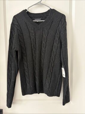 Lucky Brand Black Cable V-Neck Sweater with Speckled Detail